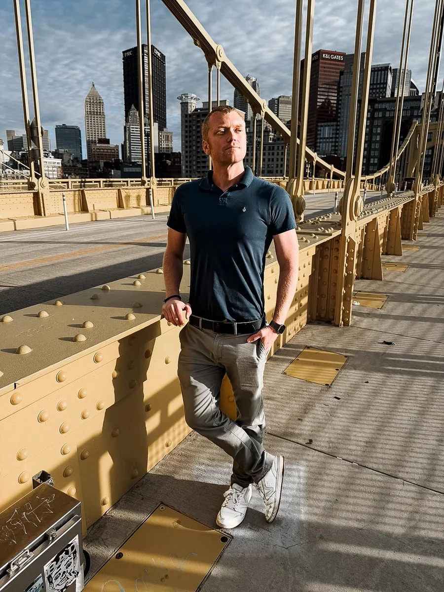 Chris Miller on the Roberto Clemente Bridge, Pittsburgh