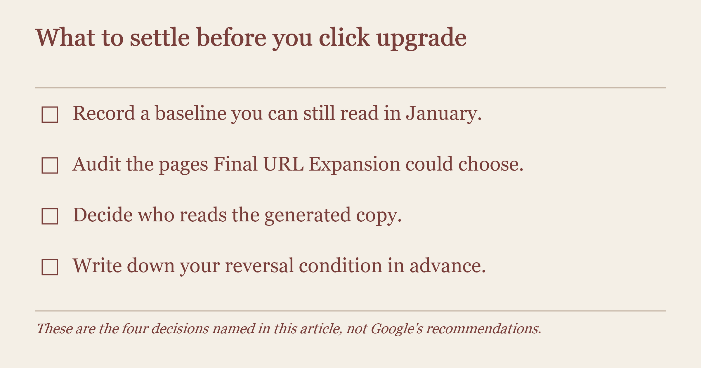 Checklist panel: what to settle before you click upgrade. Record a baseline you can still read in January, audit the pages Final URL Expansion could choose, decide who reads the generated copy, and write down your reversal condition in advance.