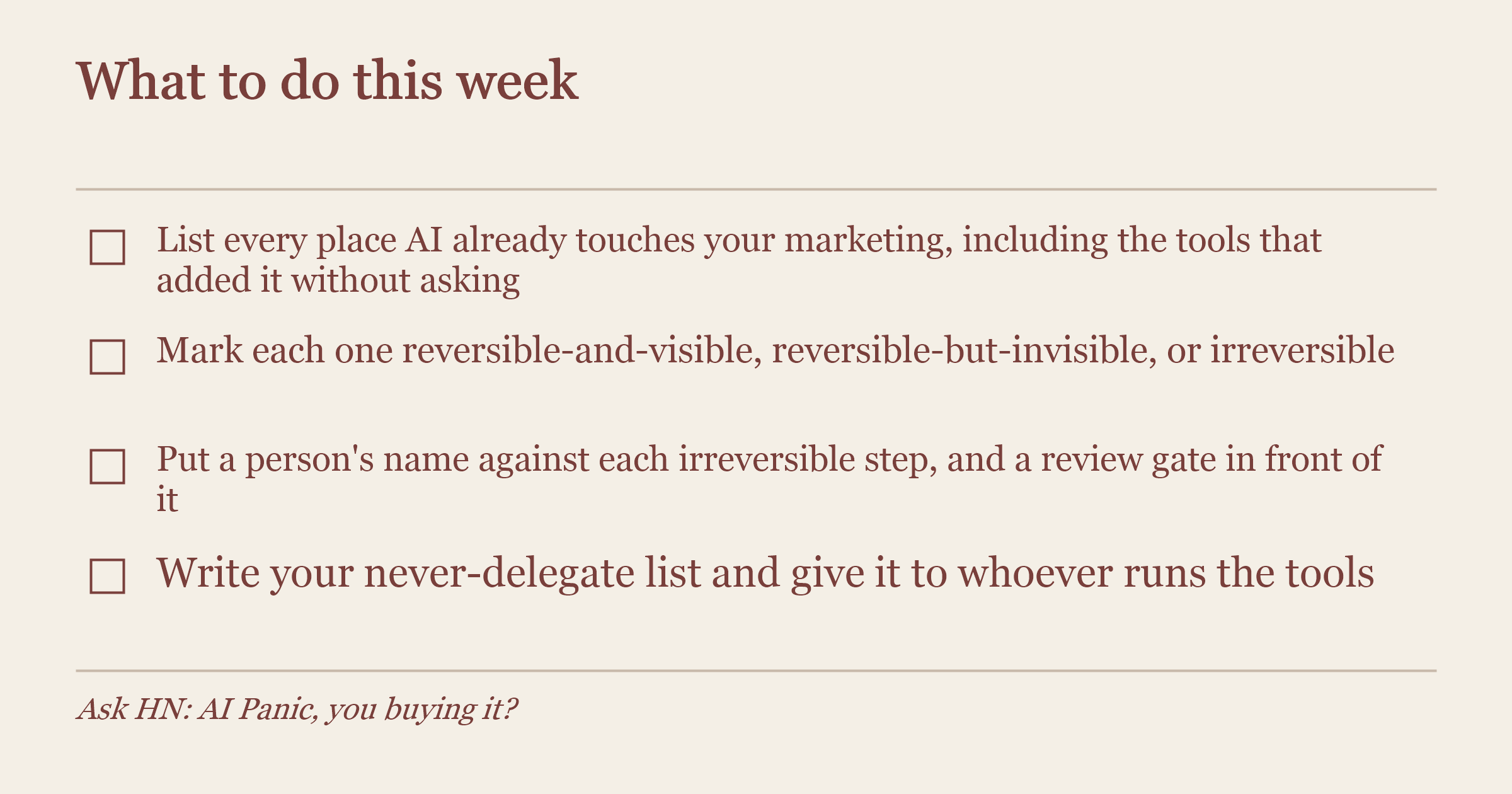 Checklist of four steps to govern AI in your marketing this week