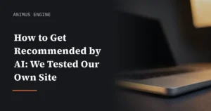 Dark editorial cover card: How to Get Recommended by AI: We Tested Our Own Site, beside a laptop edge under warm key light.