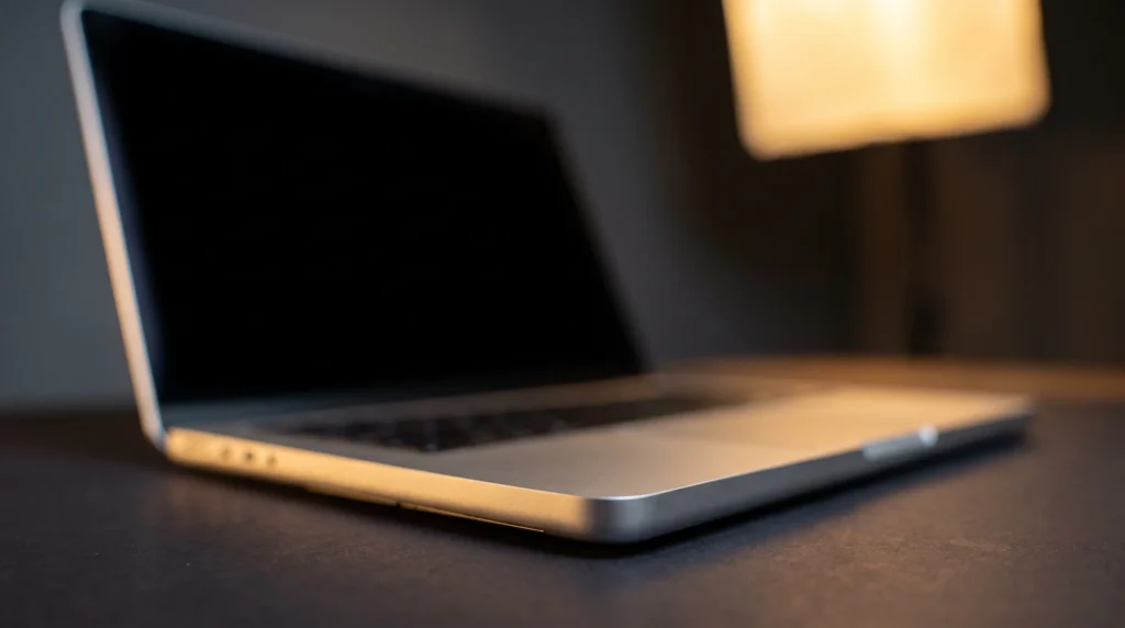 An open laptop with a dark blank screen on a dark desk under a warm lamp.