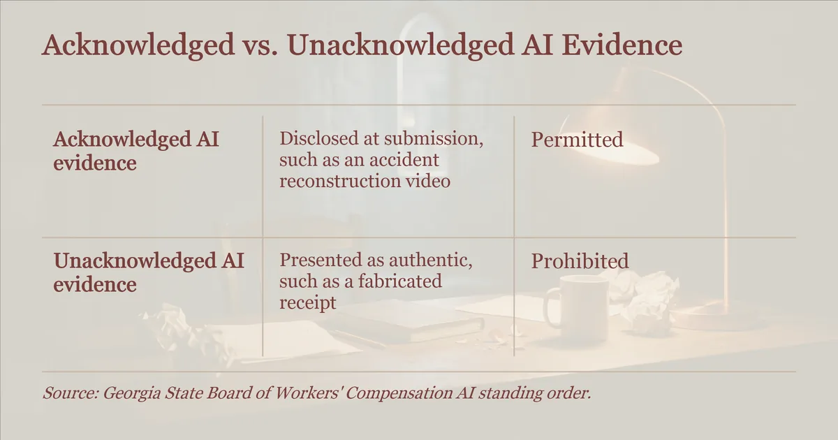 Comparison panel: disclosed AI evidence is permitted, undisclosed AI evidence is prohibited