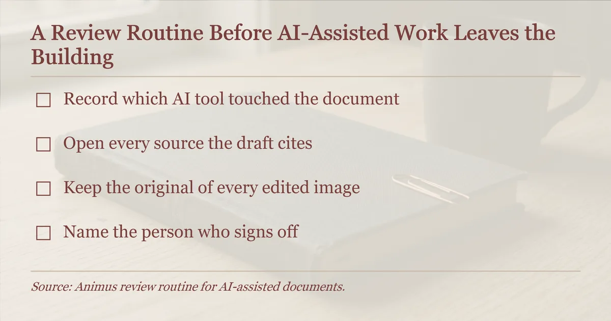 Checklist panel: four checks before an AI-assisted document goes out under your name