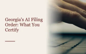 Cover titled Georgia's AI Filing Order: What You Certify beside hands typing on a laptop