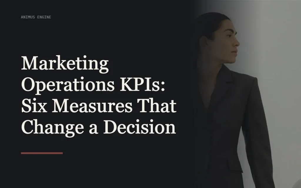 Cover titled Marketing Operations KPIs beside a woman in a dark suit looking sideways