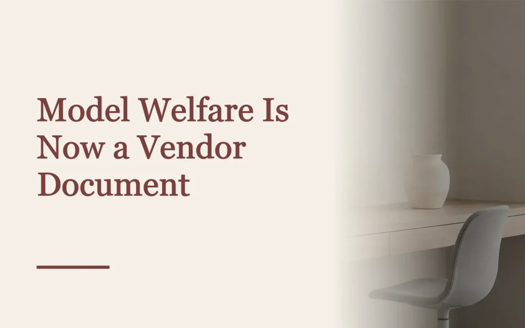 Cover titled Model Welfare Is Now a Vendor Document beside an empty desk and chair