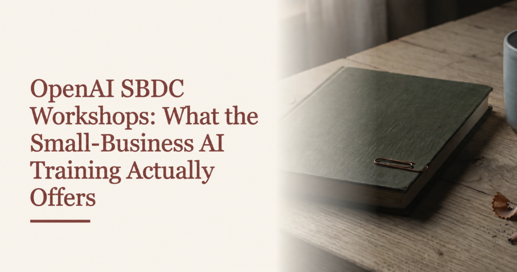 Cover reading OpenAI SBDC Workshops: What the Small-Business AI Training Actually Offers, beside a notebook with a copper clip on an oak desk