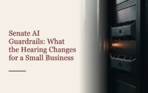 Cover titled Senate AI Guardrails beside a dark server rack lit by one amber light