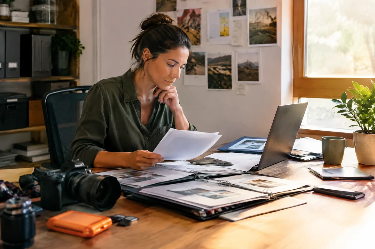 Business owner sorts printed photographs and documents beside camera equipment and laptop