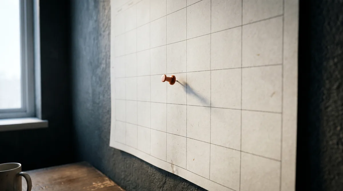 Blank wall calendar with one copper pin marking a review date